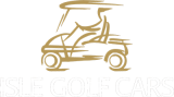Isle Golf Cars footer logo for web use, white lettering, gold graphic and transparent background.