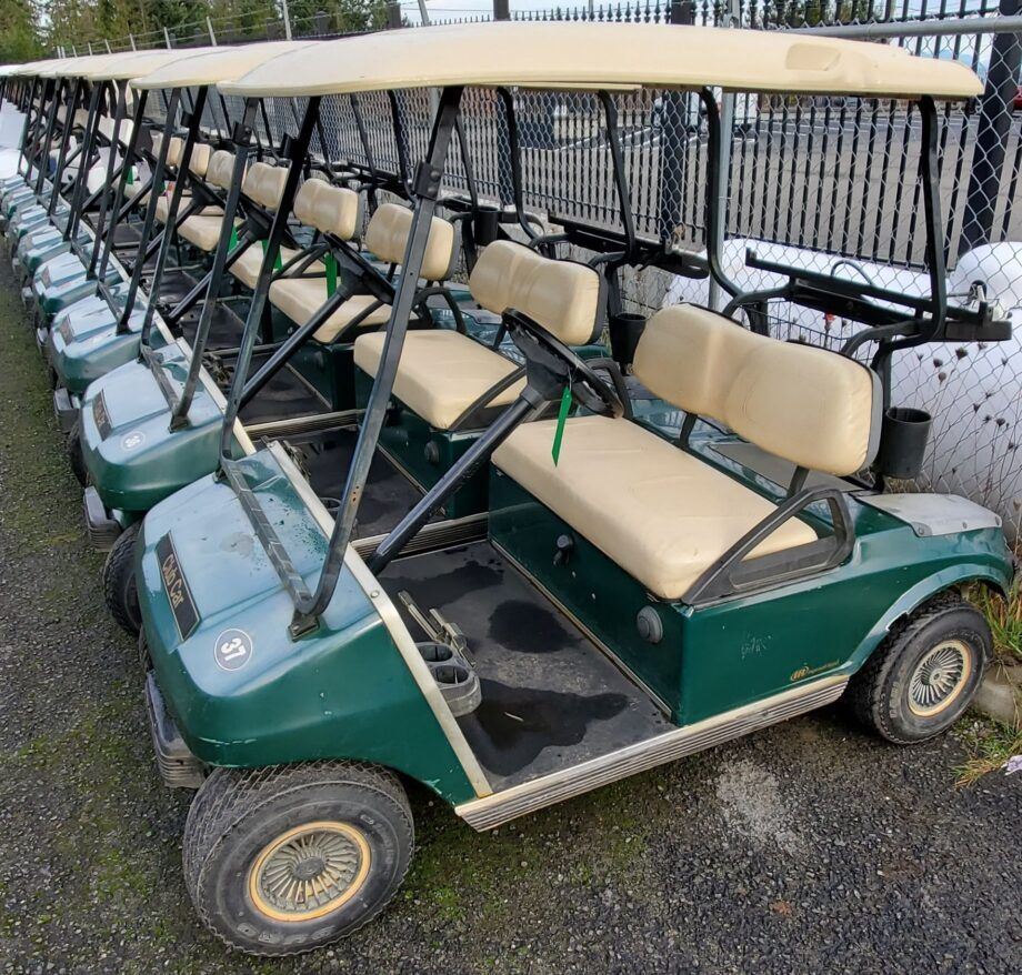 Service Photo Green golf carts stationed along a line